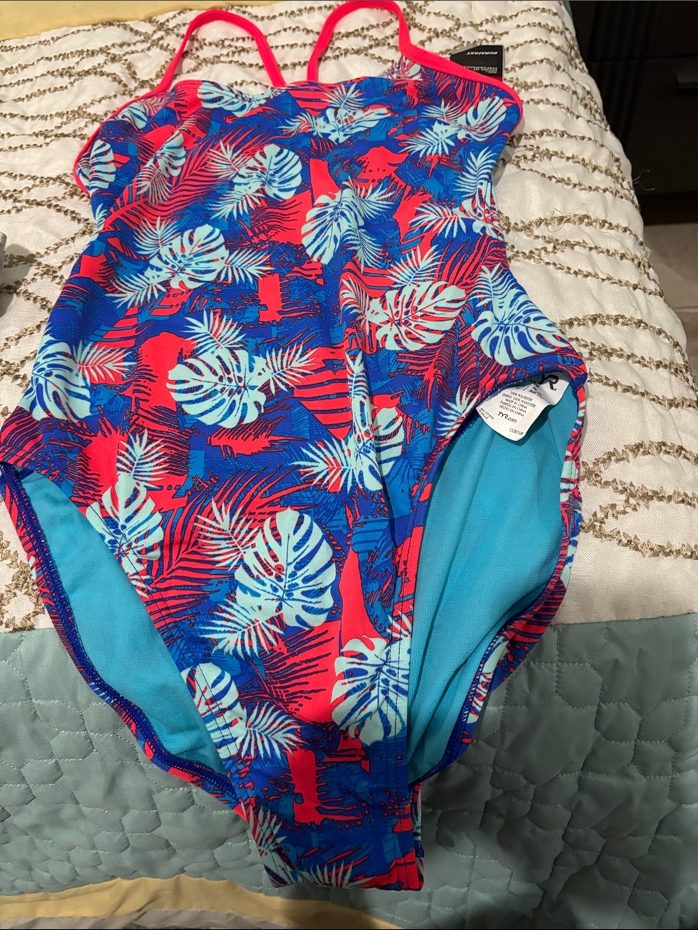 TYR Girls' Tropical Leaf One-Piece Swimsuit - Blue & Pink